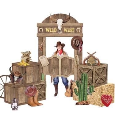Imagem de 15 peças de decorações de festa caubói ocidental, faixa de fundo do oeste ocidental, caixas de fardos de feno ocidental, rodas de vagão, botas de caubói, recortes de papel para festa de aniversário de