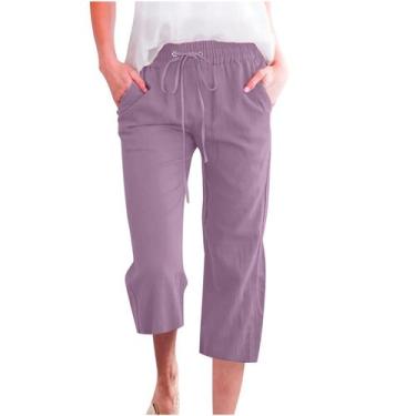 Imagem de Calças Capris Petite Cropped para mulheres: algodão, linho, roxo - Mar
