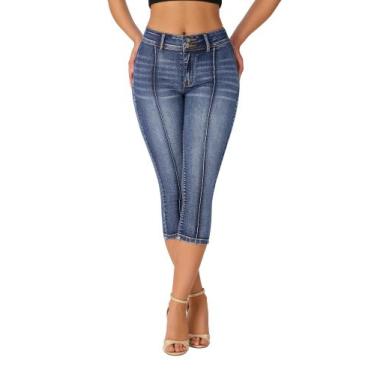Imagem de Calças Capri roswear femininas de cintura média, jeans skinny, azul