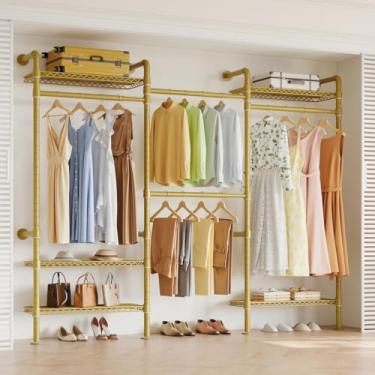 Imagem de Higeego W3 Sistema de armário montado na parede, rack de roupas industrial expansível para pendurar roupas, organizador de armário e alcance de armazenamento no armário, dourado