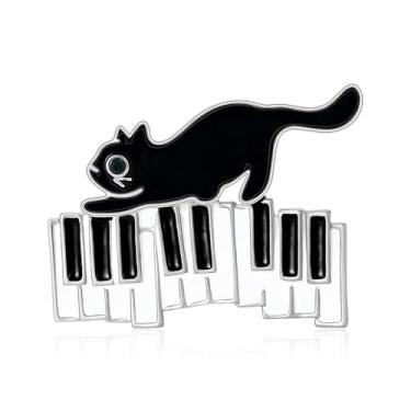 Imagem de Broche de lapela de piano de gato fofo para mulheres homens meninas - olho de cristal verde gatinho animal broches musicais vestido chapéu mochila pano decoração pinos esmalte moda joias para amantes