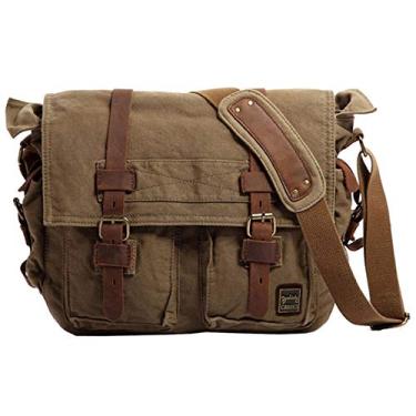 Imagem de Berchirly Bolsa carteiro masculina vintage militar de lona para laptop de 13,3 a 17 polegadas, Verde militar, L-14.7"