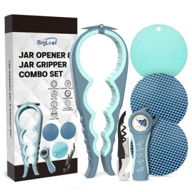 Imagem de Abridor de jarra para mãos fracas com abridor de garrafa 5 em 1, abridor de vinho saca-rolhas, almofada de garra de pote firme e 2 tapetes de borracha antiderrapantes, conjunto de ferramentas de