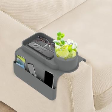 Imagem de KTZCTPCA Bandeja de braço de sofá, suporte de copo dobrável de bambu para sofá, bandeja de braço lateral de sofá, mesa de apoio de braço de sofá para bebida, copos, comida, lanches, telefone, controle