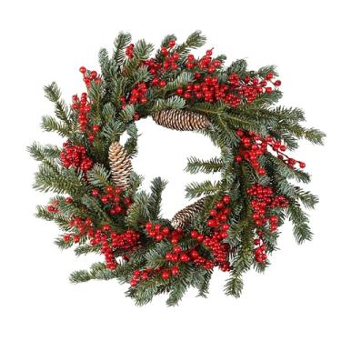 Imagem de Guirlanda de Natal tradicional com frutas vermelhas, pinhas, ramos perenes artificiais, 45,7 cm, decoração de porta de férias