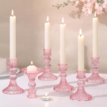 Imagem de DARJEN Castiçais de vidro rosa conjunto de 6, 10 cm H e 12,7 cm H castiçais cônicos para castiçais e velas de pilar, castiçais de diamante para mesa de festa de casamento, decoração de casa