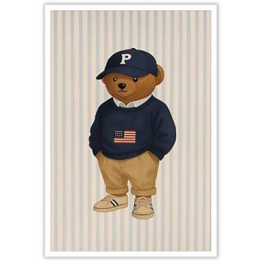 Imagem de Urso de pelúcia vestindo um boné de beisebol pôster moderno engraçado arte de parede em tela de urso abstrato esportivo estampa estética pintura para sala de estar quarto berçário decoração de parede