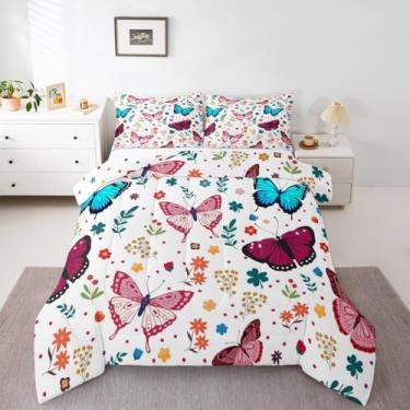 Imagem de Feelyou Conjunto de cama de borboleta, macio, para meninos e meninas, borboletas coloridas, tamanho casal, com folhas de flores, edredom de microfibra, decoração de quarto, 3 peças com 2 fronhas
