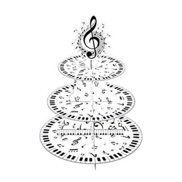 Imagem de Suporte de bolo de notas musicais de 3 camadas, perfeito para aniversários, piqueniques e festas de formatura, torre de sobremesa com tema musical e suporte de exibição de bolo