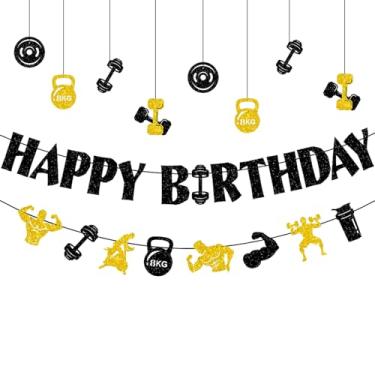 Imagem de Zwiebeco Faixa dourada preta para academia, feliz aniversário, bandeira, enfeite de papel pendurado, guirlanda, decorações de festa para halteres de fitness, kettlebells, tema de halterofilismo