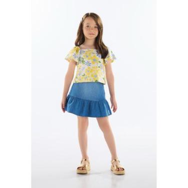 Imagem de Conjunto Blusa e Saia Jeans Menina Quimby, Amarelo, 6