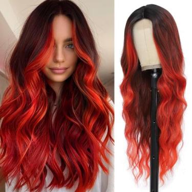 Imagem de Peruca Angzon, longa, vermelha, ondulada, 66 cm, ombre, cabelo sintéti