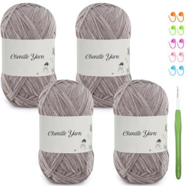 Imagem de SIMEIQI Pacote com 4 fios de chenille de 50 ml para crochê, 158 metros de fio de veludo macio e fofo, crochê ideal para cobertores de bebê, brinquedos, cachecóis, travesseiros, almofadas (cinza)