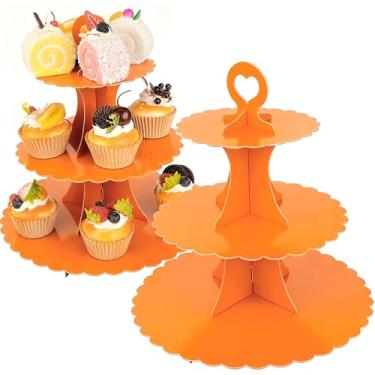 Imagem de Suporte de cupcake de 3 camadas, pacote com 2 unidades, suporte de bolo, torre, papel redondo, exibição de bolo, prato de servir para aniversário, batizado, suporte de confeitaria descartável para