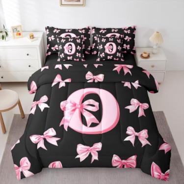 Imagem de Erosebridal Conjunto de edredom com laço rosa com letra O, solteiro, 7 peças, alfabeto personalizado, para crianças, adolescentes, adultos, conjunto de cama com nó de borboleta