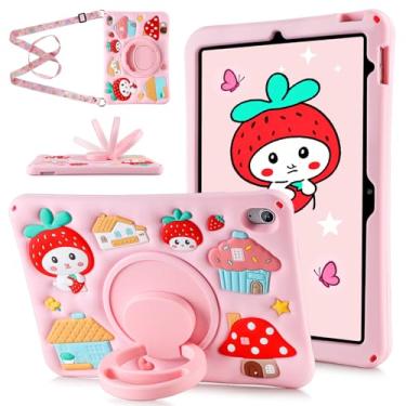 Imagem de Capa infantil para iPad 10ª geração para iPad (A16) 11ª geração com alça de ombro giratória, suporte para lápis, silicone à prova de choque, capa protetora para tablet morango 10h 10,9 polegadas, rosa