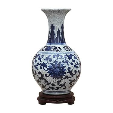 Imagem de AKALNNB Vaso de flores estilo chinês vaso de cerâmica novo vaso de flor de porcelana azul e branco antigo chinês 33,5 cm grande vasos de arranjos de flores pintados à mão