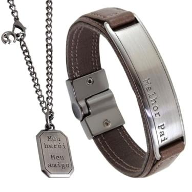 Imagem de Kit Pulseira de Couro Marrom Masculina Melhor Pai + Colar Corrente Meu Héroi Dia dos Pais (15cm)
