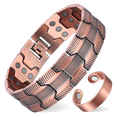 Imagem de MagEnergy Pulseira de cobre masculina, pulseira magnética de força 3X com anel de cobre 99,99% puro e ímãs de 3500 gauss, comprimento ajustável com ferramenta de dimensionamento