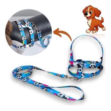 Imagem de Coleira Peitoral Lari Pet Com Guia Cães Seda Estampada N2, Pandas