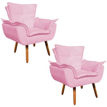 Imagem de Poltrona Sala de Estar Pé Palito de Madeira Kit 2 Opala Suede Rosa Bebê D03 - D'Rossi