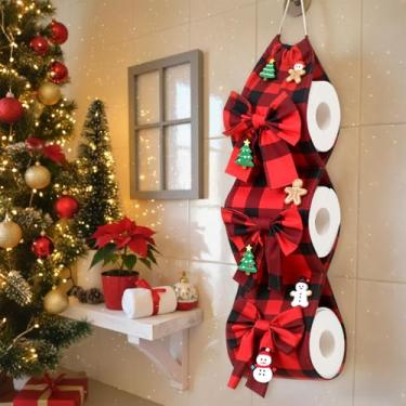 Imagem de Roowest Saco de armazenamento de rolo de papel higiênico quadriculado de Natal, suporte de toalha de papel vermelho e preto, bolsa organizadora de guardanapo de 3 camadas, decoração para festa