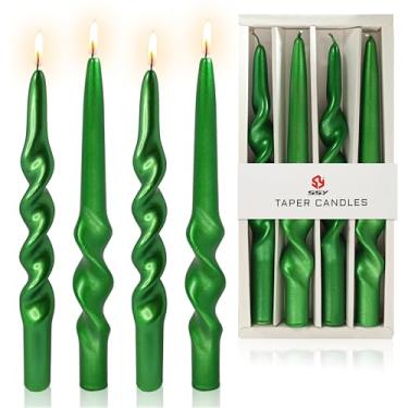 Imagem de Velas espirais de Natal, velas cônicas verdes metálicas - Castiçal sem cheiro de 25,4 cm para presente de inverno, Natal, decoração de casa, velas, pacote com 4