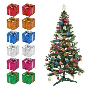 Imagem de 12 peças de caixas de presente pequenas para pendurar para árvore de Natal, decoração de Natal retrô, mini decorações de Natal brilhantes, lembrancinhas de festa