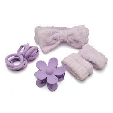 Imagem de Kit de Acessórios para Beleza, Conjunto com Tiara de Laço Preta Aveludada, Pulseiras Absorventes, Piranha Floral e Elásticos para Cabelo, para Skincare e Maquiagem (Lilás)
