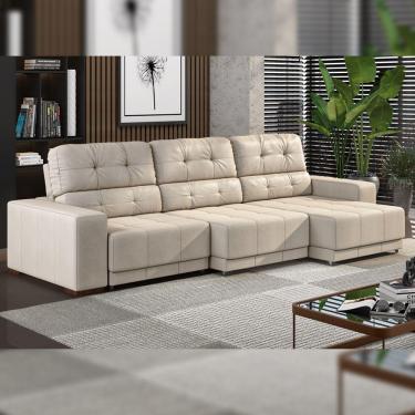 Imagem de Sofá Sala De Estar Retrátil E Reclinável 5 Lugares Lisboa 320cm Couro Off White G58 - Gran Belo