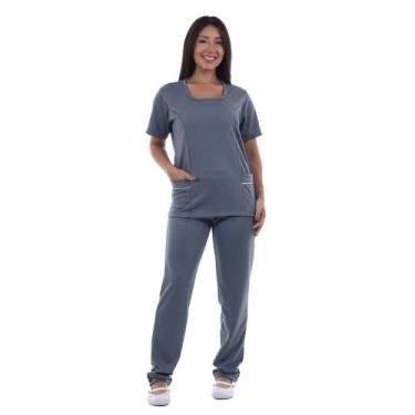 Imagem de Conjunto Helanca Jaleco com Calça Para Doméstica Faxina Com Elastano C