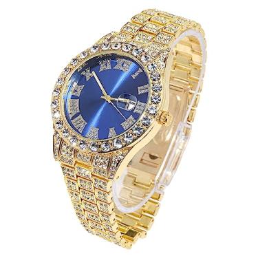 Imagem de Halukakah Diamonds Gold Watch Iced Out, pulseira masculina de quartzo banhado a ouro real 18 quilates, mostrador azul de 24 cm, com opções de conjunto de pulseira de colar de corrente de tênis, vem