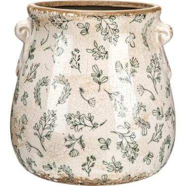 Imagem de Ninehaoou Vaso floral de cerâmica com furos de drenagem, vaso de flores vintage, vaso de flores rústico, para plantas de interior, jardim, casa, decoração (folhas)