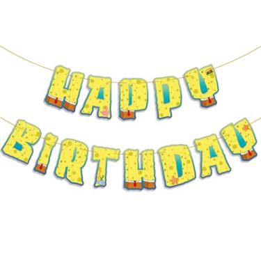 Imagem de Banner de decoração de festa de aniversário amarelo faixa de feliz aniversário para meninas meninos lembrancinhas de festa faixas com letras penduradas tema clássico de desenho animado pano de fundo