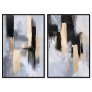Imagem de Conjunto de 2 painéis abstratos de luxo dourado em tela azul da Art Remedy, moldura preta, 50 x 76 cm