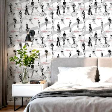 Imagem de LACHEERY Papel de parede preto e branco de 44,5 x 698,5 cm, papel de parede moderno para meninas, papel de parede para quarto, banheiro, papel de parede, impermeável, autoadesivo, removível, para