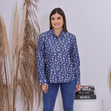 Imagem de Camisa Feminina Jeans Premium Manga Longa com abotoamento frontal estampado com manga-Feminino