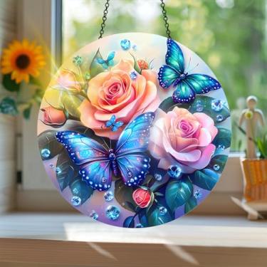 Imagem de Acrílico colorido, apanhador de sol estilo vitral estampado com flores com reflexos de arco-íris, arte de parede para decoração de janela suspensa, ornamentos de Natal para uso interno e externo 19,8