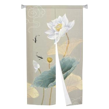 Imagem de Leowefowa Cortina de porta japonesa Noren com impressão de lótus tradicional chinesa tapeçaria de porta longa Feng Shui tratamento de janela cortinas de porta de cozinha quarto privacidade divisória