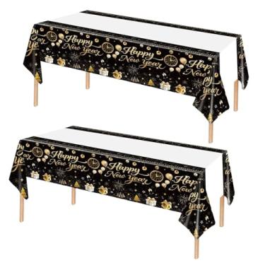 Imagem de HFBOBP Pacote com 2 toalhas de mesa de plástico preto e dourado Feliz Ano Novo, 137 x 272 cm, capas de mesa retangulares descartáveis com fogos de artifício, champanhe e ornamentos para festas de Ano