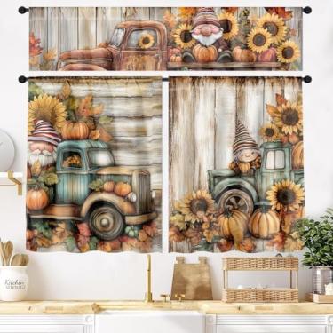 Imagem de IFFVGX Conjunto de cortina de cozinha de abóbora de 3 peças - sanefa e camadas com bolso para varão - 148x14h+(28x36h)*2 - Tratamento de janela de sala de jantar abóbora