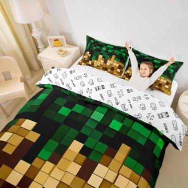 Imagem de Pixelated Miners Blocks Conjunto de capa de edredom infantil, tamanho solteiro, patchwork, quadrado, videogame, meninas, meninos, decoração de quarto geométrico, patchwork geométrico, capa de colcha