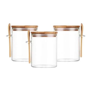 Imagem de Conjunto de 3 Potes de Vidro Borossilicato com Tampa de Bambu, 450ml, Hermético, Colher Decorativa para Café, Açúcar e Temperos, Organizador de Cozinha