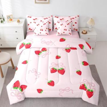 Imagem de Erosebridal Conjunto de edredom completo de morango, 7 peças, com laço, para quarto de crianças, meninas, meninos, fita rosa, com edredom, lençóis, fronhas, decoração de quarto de princesa feminina