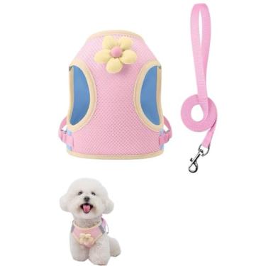 Imagem de Peitoral para cães de malha floral com coleira combinando, colete leve para animais de estimação de verão, rosa/amarelo (rosa, G: 5,9-8,2 kg)