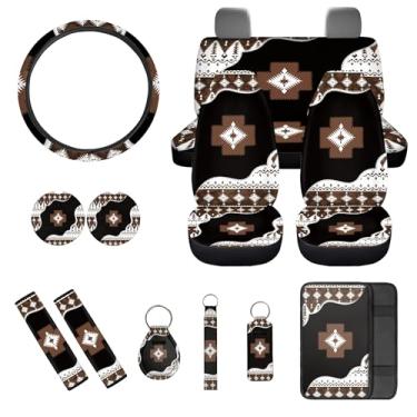 Imagem de gearider Conjunto de 13 conjuntos de capas de assento de carro com capa de cinto de segurança para volante almofada de apoio de braço, porta-copos tribais astecas do sudoeste, chaveiro, suporte de