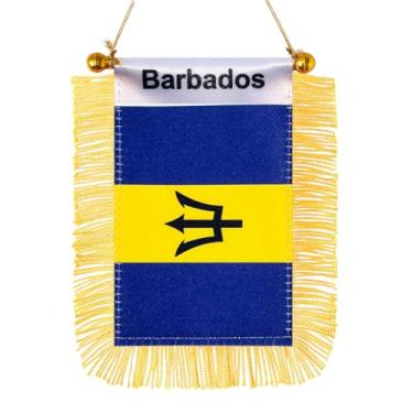 Imagem de JBSJBS Bandeira pendurada de Barbados mini bandeiras pequenas de janela de carro de barbados bandeiras de espelho retrovisor decoração bandeiras de Barbados com ventosa com franjas douradas dupla face