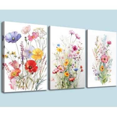 Imagem de DUOHUTRA Conjunto de arte de parede em tela de flores silvestres coloridas com 3 estampas de flores, estampa de flores, aquarelas, flores, decoração de parede, sala de estar, quarto de meninas