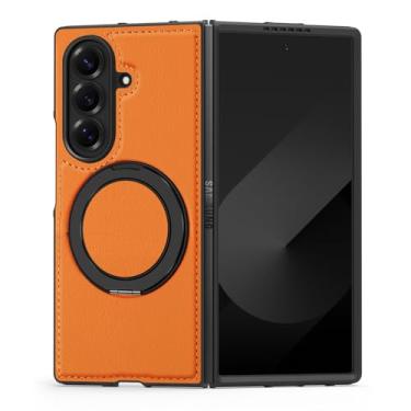 Imagem de ZYQEEE Capa magnética de couro para Samsung Galaxy Z Fold 7, compatível com Magsafe, capa protetora de couro PU fino e borracha à prova de quedas 360° com anel giratório - Galaxy Z Fold 7 laranja
