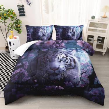 Imagem de AILONEN Conjunto de edredom tamanho casal tigre branco 3D - conjunto de cama com animais selvagens e lua noite para meninas - edredom romântico rosa floral tigre com 2 fronhas - 3 peças